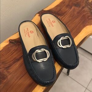 Navy Blue Leather Loafers with Silver Buckle